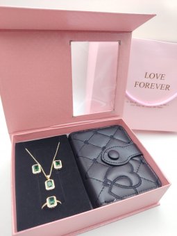 Set Cadou Dama Green Diamond-Portofel negru & Set Bijuterii